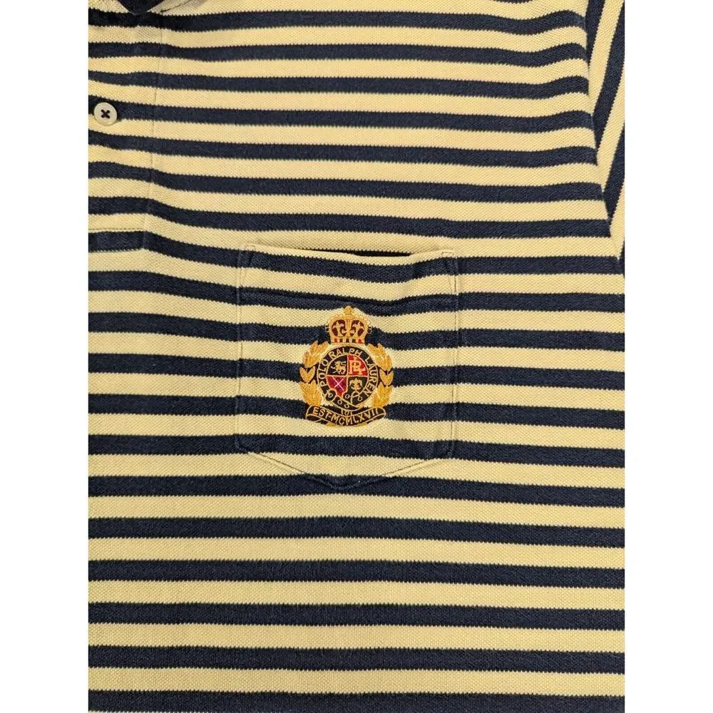 Polo Ralph Lauren Polo Shirt Mens XL Yellow Blue Striped VTG Crown Patch